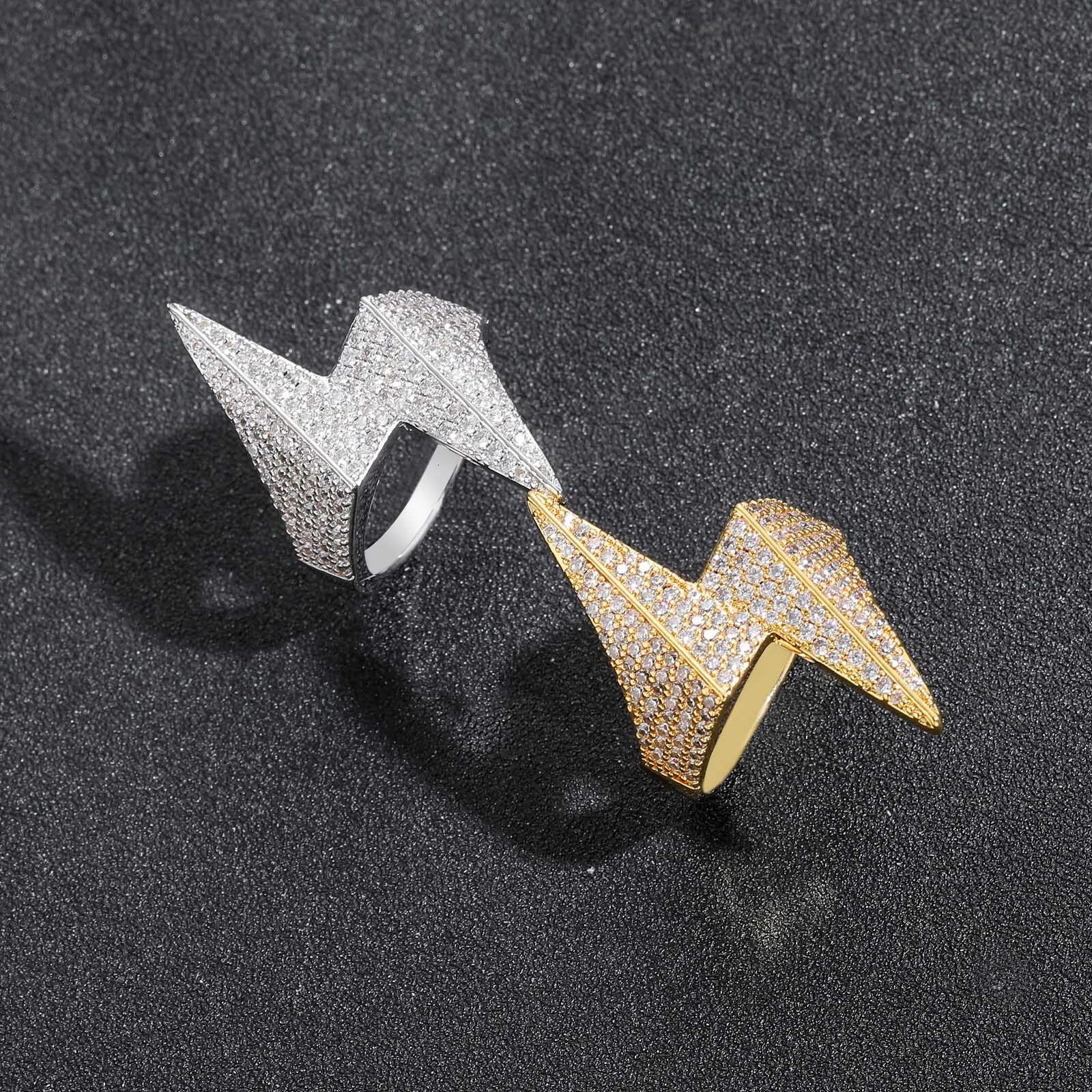 Hip hop three-dimensional lightning ring simple and personalized copper micro inlaid Moissanite personalized trendy ring mens hip-hop accessory moissa