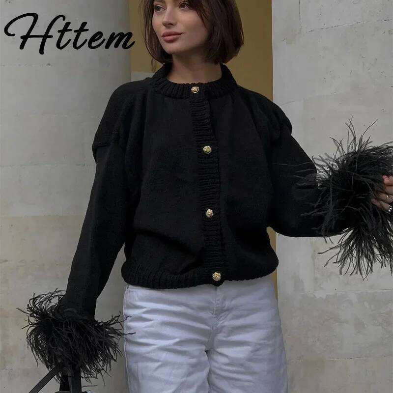 Casual Feather Knitted Cardigan Women Loose Long Sleeve Single Breasted Patchwork Sweater 2024 Fall Lady Street Knitwear