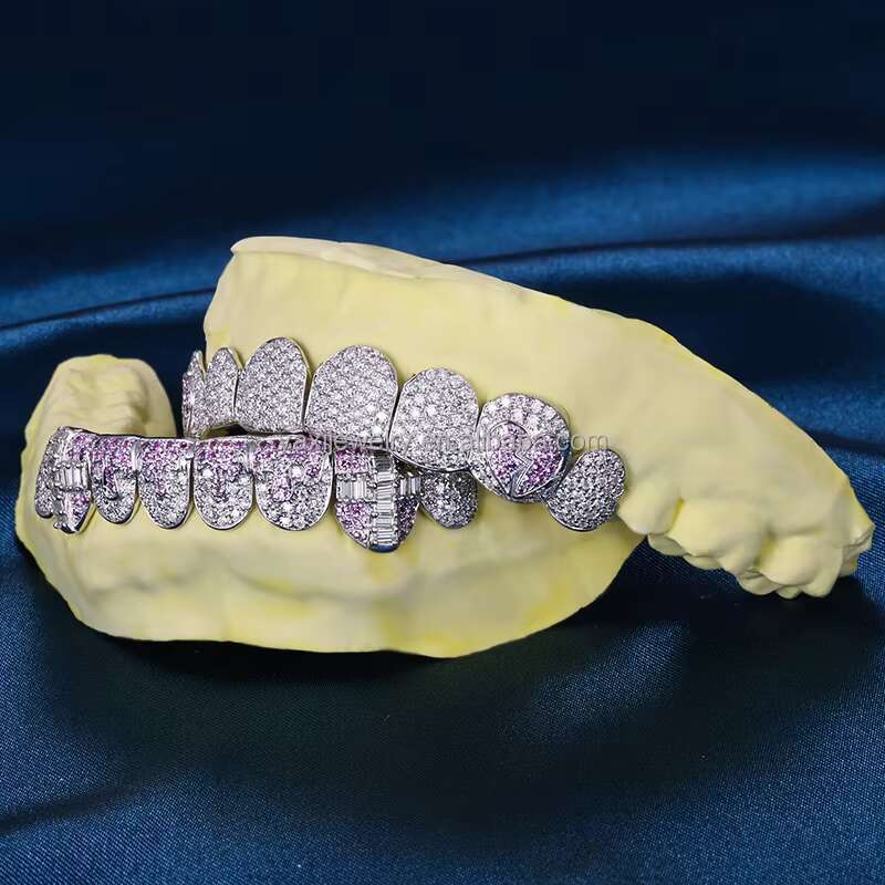 Customized 8Top 8Bottom Teeth Perm Cut VVS Round Baguette Cut Moissanite Diamond S925 Silver Solid Gold Teeth Grillz
