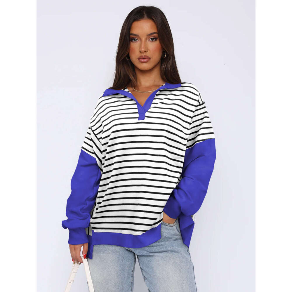 2025 Fashion New Loose Color-Block Striped Sweatshirt with Slit Autumn and Winter Casual Slimming Top Trendy Brand for Women