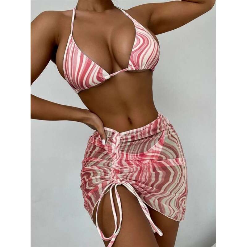 Hot selling split women's sexy striped swimming strap mesh bikini three piece set swimsuit 2025 new casual versatile fashion clothing