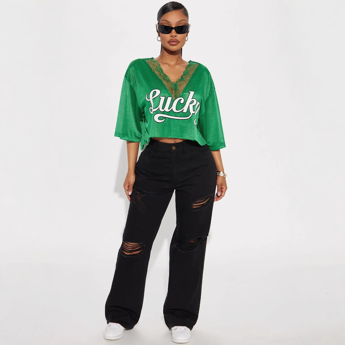 Designer T Shirt Summer New European And American Fashion Retro Street Letter Print Loose V Neck Lace Patchwork Short Sleeve T Shirt Essentials Summer