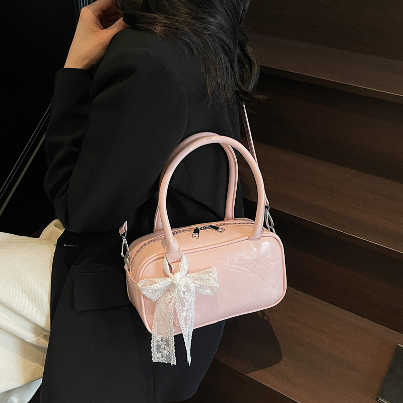 designer Korean Style Trendy Fashion High-end Oil Wax Leather Handbag Boston Bag Versatile Chic Niche Women's Crossbody Bag