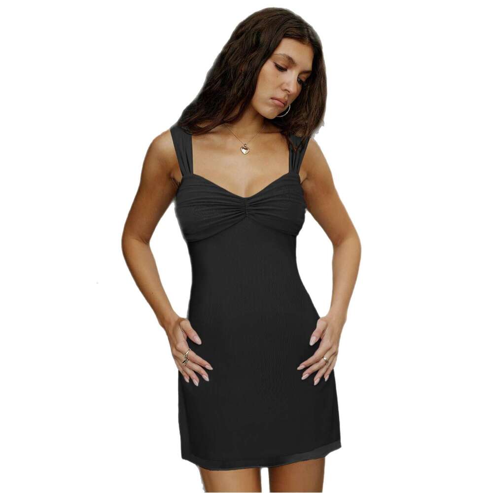 2025 New Sexy Yellow Tank Women's Hollow V-neck Mesh Short Dress