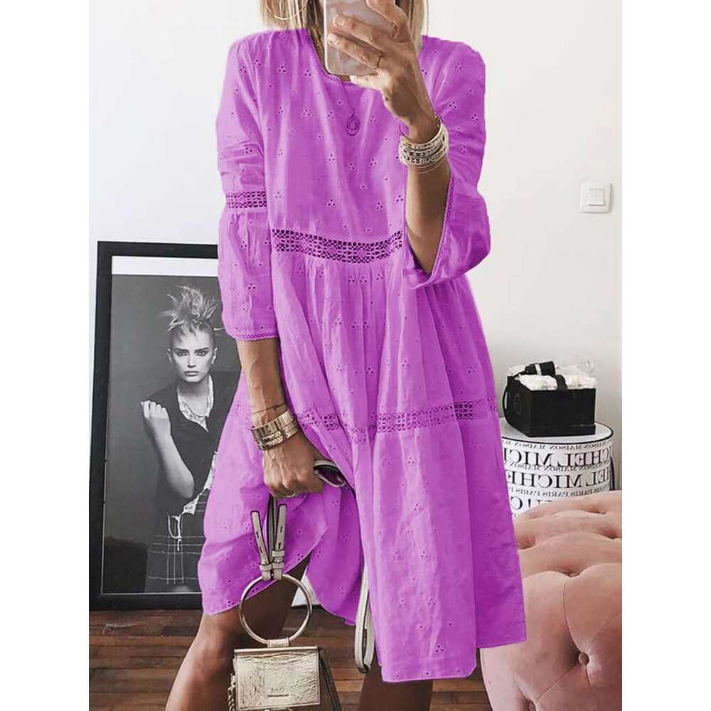 European and American Women's Lace Patchwork Hollow Embroidery Seven Quarter Sleeve Dress Plus Size Long Skirt 2025 New Casual Fashion Trend Clot