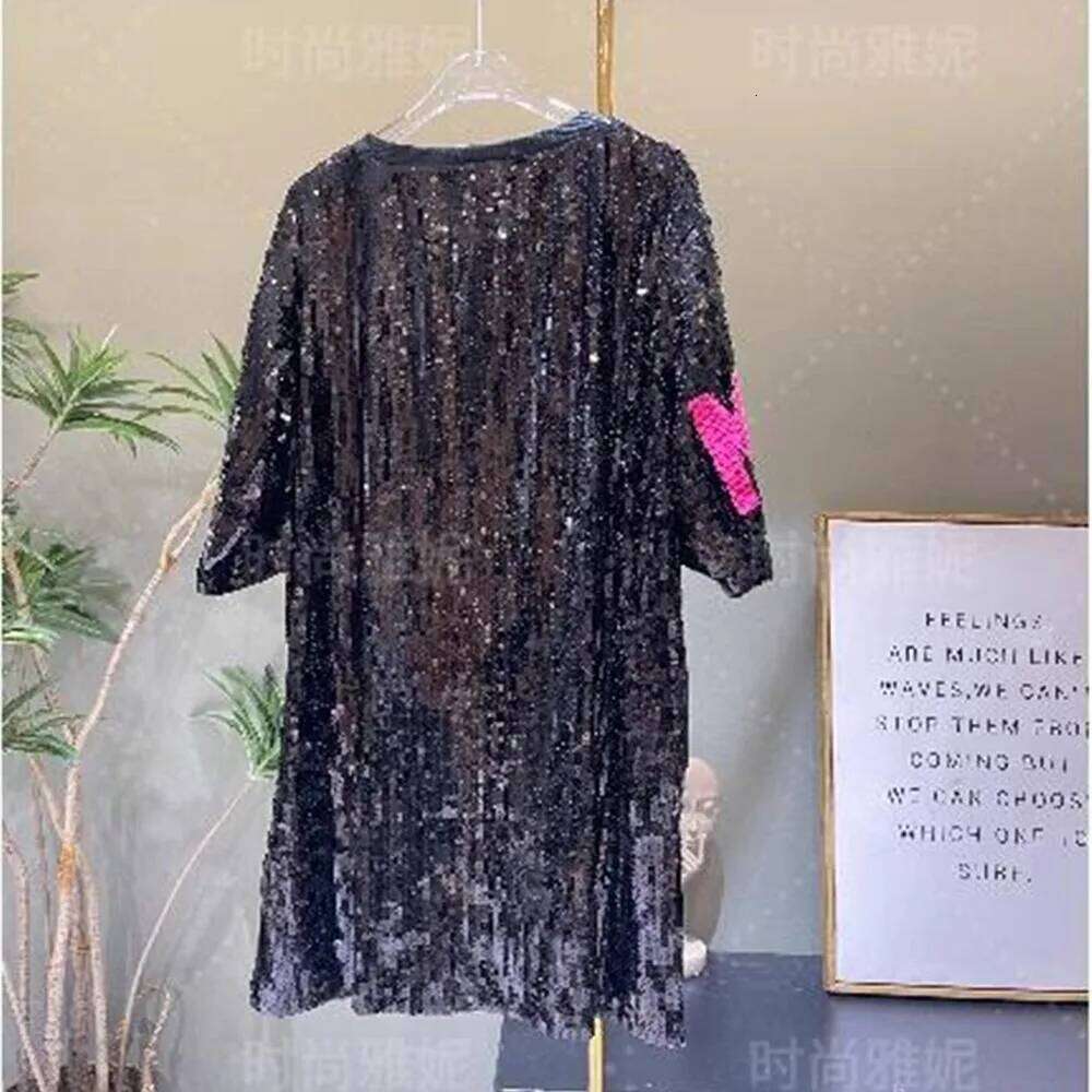 2025 Summer Women's Hip Hop Cartoon Print Loose Sequined Tops Y2k Short Sleeve Round Neck Night Club Long T-shirt Women