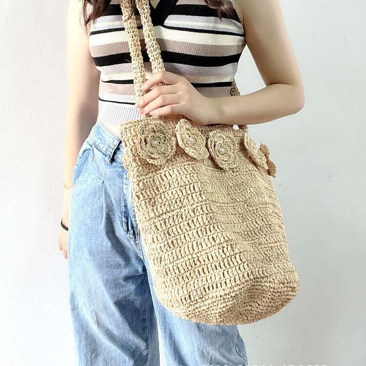 Straw Beach Tote Korean Style Sweet Outing Versatile Straw For Women Simple Fashion Flower Pearl Decoration Handmade Raffia Bag Crossbody Bag