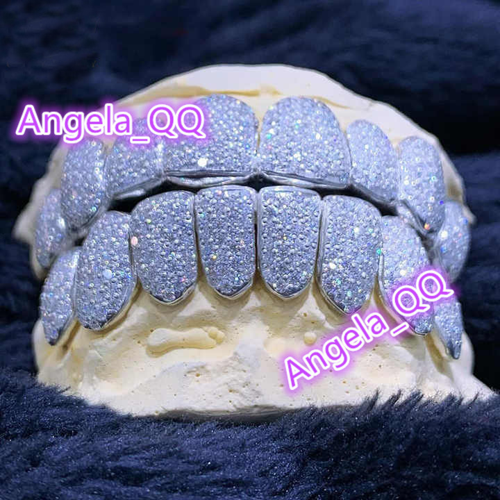 Custom Iced Out HipHop Blue Moissanite Grillz for Men and Women - VVS Diamond Dental Jewelry Bling Teeth Grills 925 Silver