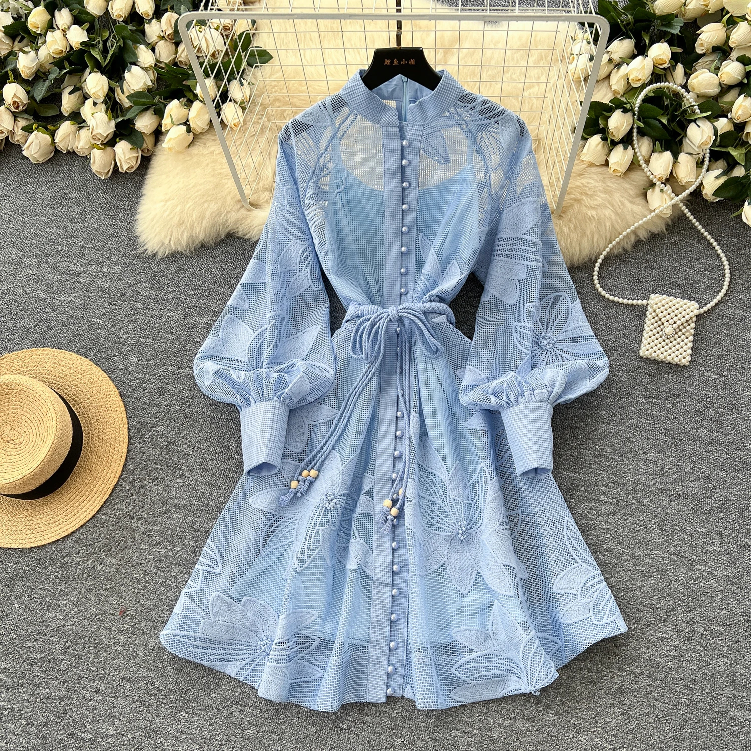 Women Casual Dresses Spring Summer French Lace Embroidery Women's Dress Stand Collar Long Lantern Sleeve Single Breasted Belt Party Birthday Dres