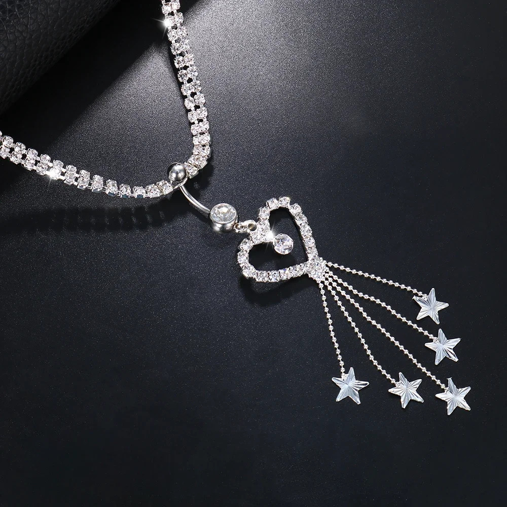 Boho Heart Dangle Rhinestone Piercing Navel Chain Belly Button Ring with Waist Chain Women Navel Piercing Body Jewelry Gift 250530