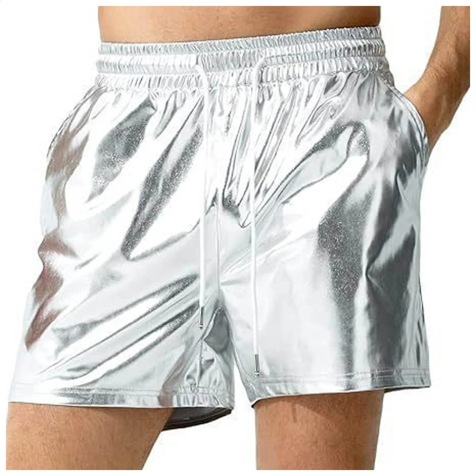 Mens Cotton Beach Shorts Sexy Metallic Shiny Sparkly Elastic Waist Drawstring Pants With Pockets Glitter Outdoor Holiday 250530