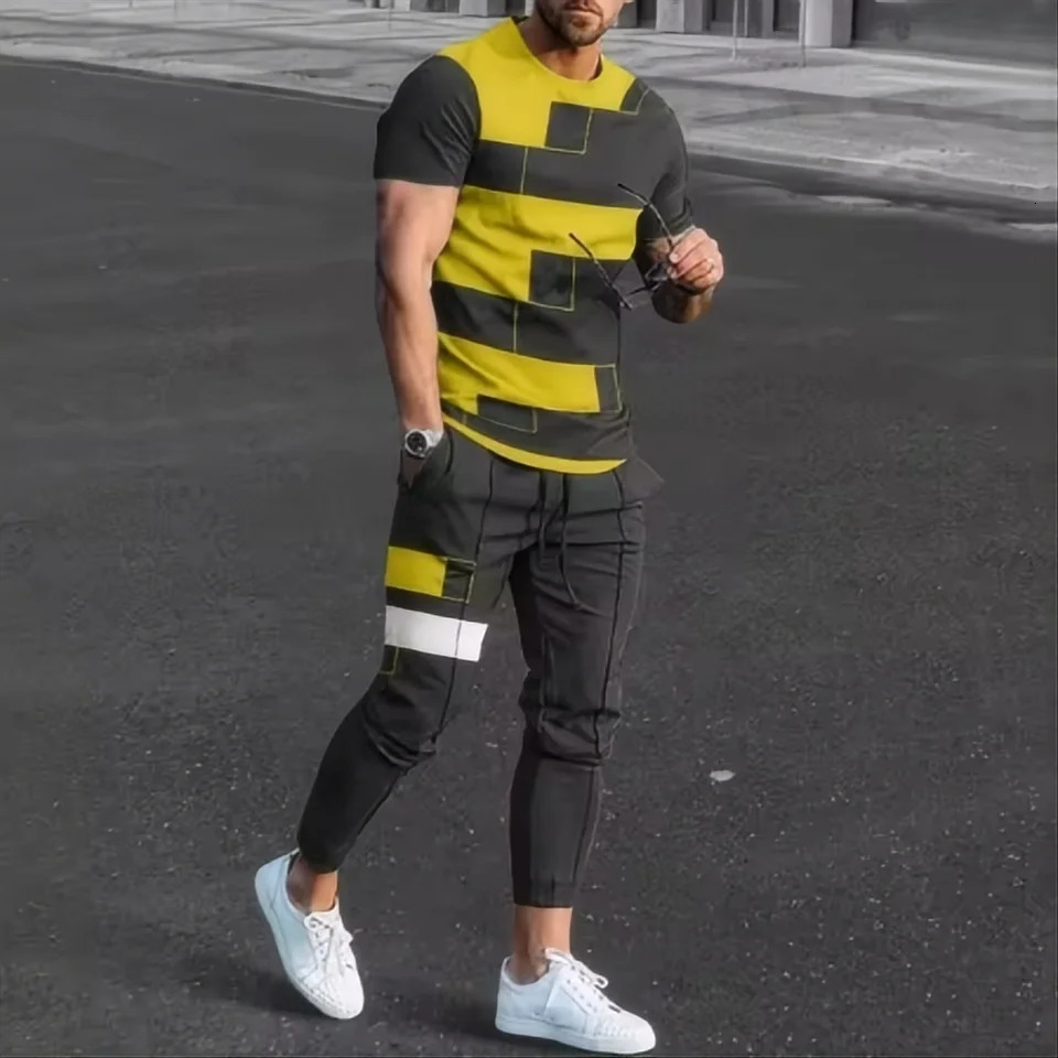 Summer mens Tshirt pants sportswear geometric 3D printed set 2piece street wear oversized suit 250530