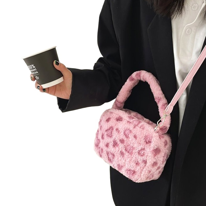 designer 2025 New Plush Bag High-end Pink Leopard Print Furry Handbag for Women Cute Fashion Handheld Crossbody Bag