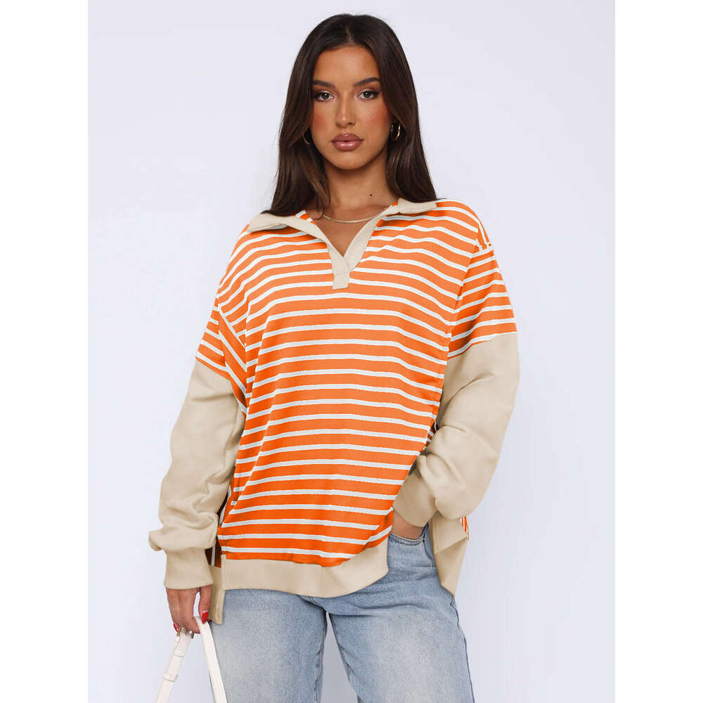 2025 Fashion New Loose Color-Block Striped Sweatshirt with Slit Autumn and Winter Casual Slimming Top Trendy Brand for Women