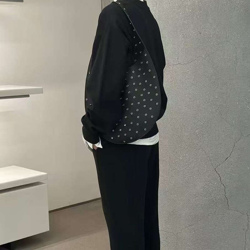 Cool Spicy Style Hollow Rivet Design Moon Personality Shoulder Underarm Large Capacity Tote Bag Handbag