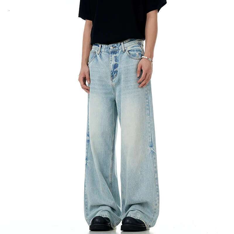IEFB Wahsed Jeans Floor Length Menwear New Trendy American Light Blue Male Denim Pants Straight Leg Baggy Summer 9W3001