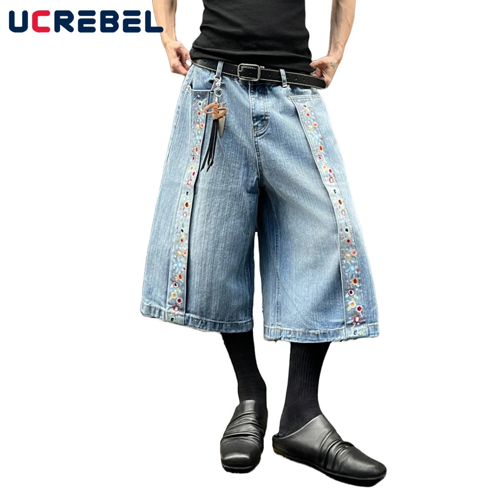 Flower Print Spliced Denim Shorts Mens Retro High Street Washed Distressed Loose Wide Leg Pocket Jeans Cropped Trousers Men 250528