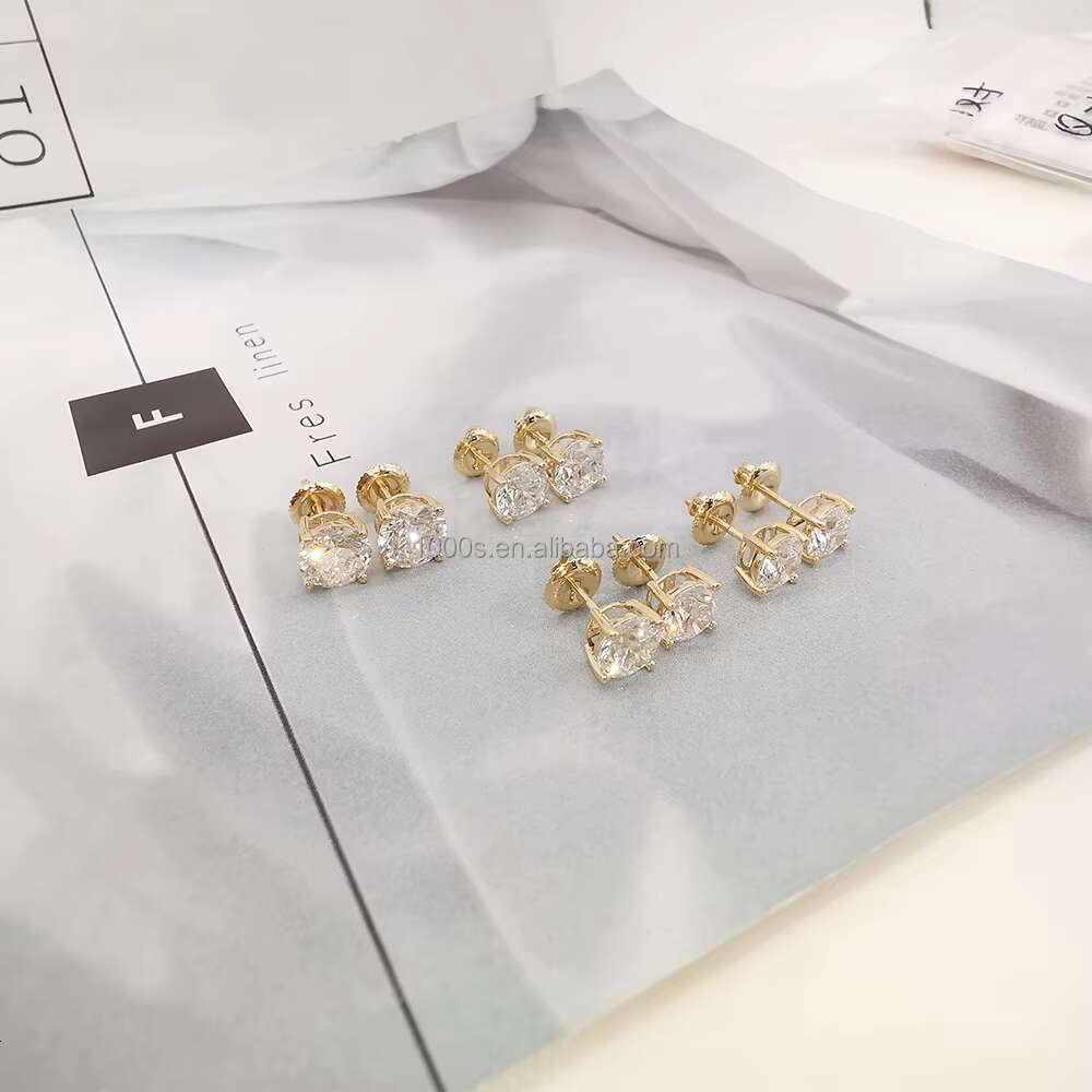 Luxury 18K Solid Yellow Gold Moissanite Stone Stud Earrings Custom Classic Cute Jewelry for Women