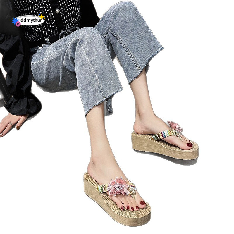 New Fairy Style Wedge Flip-Flops for Women Summer Fashion Straw Woven Flower Thick Sole Casual Pastoral Vacation Beach Sandals ddmythur