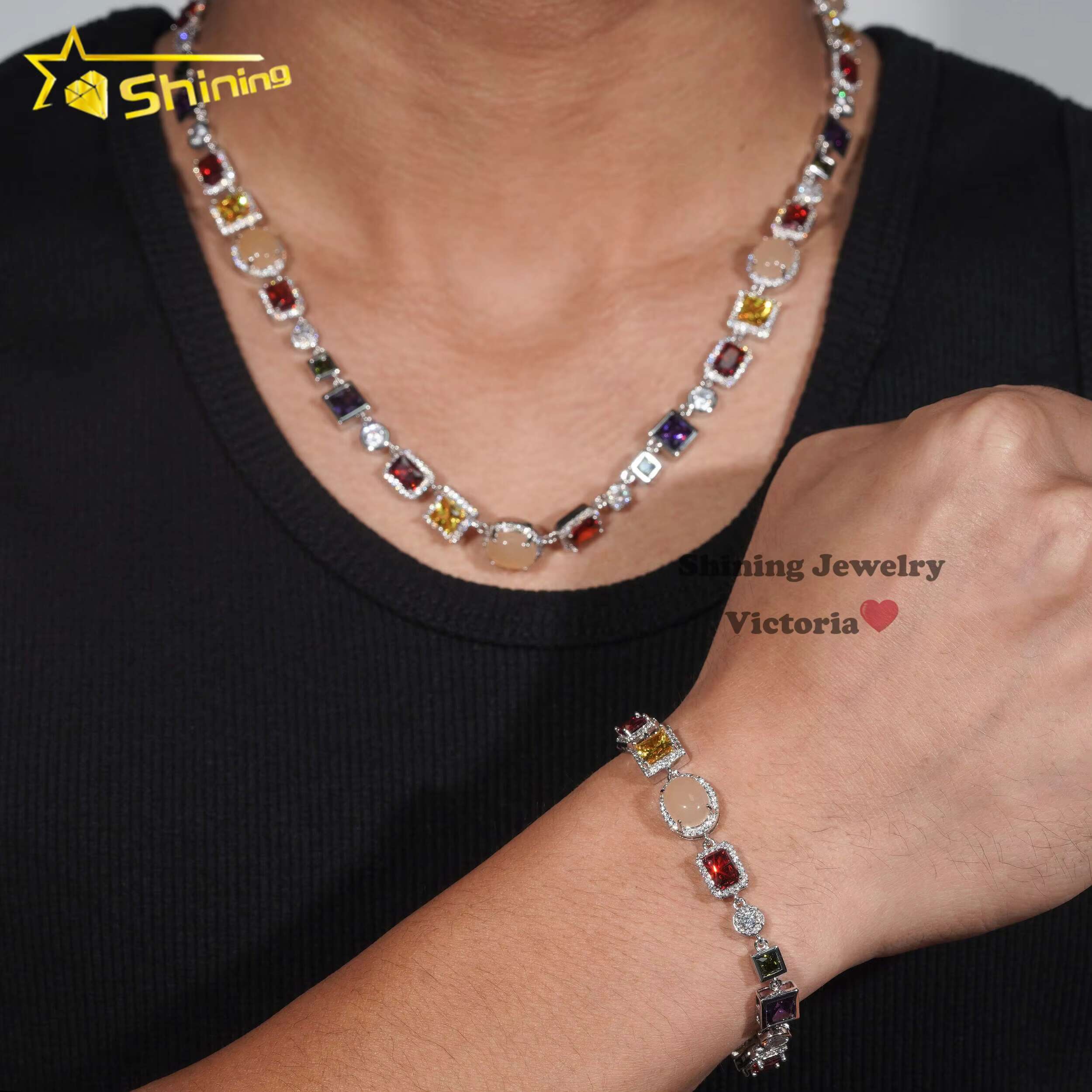 2025 New Design Street Fashion Hip Hop Urban Jewelry Multi Color Gemstone Enamel Tennis Bracelet Iced Out Motif Necklace