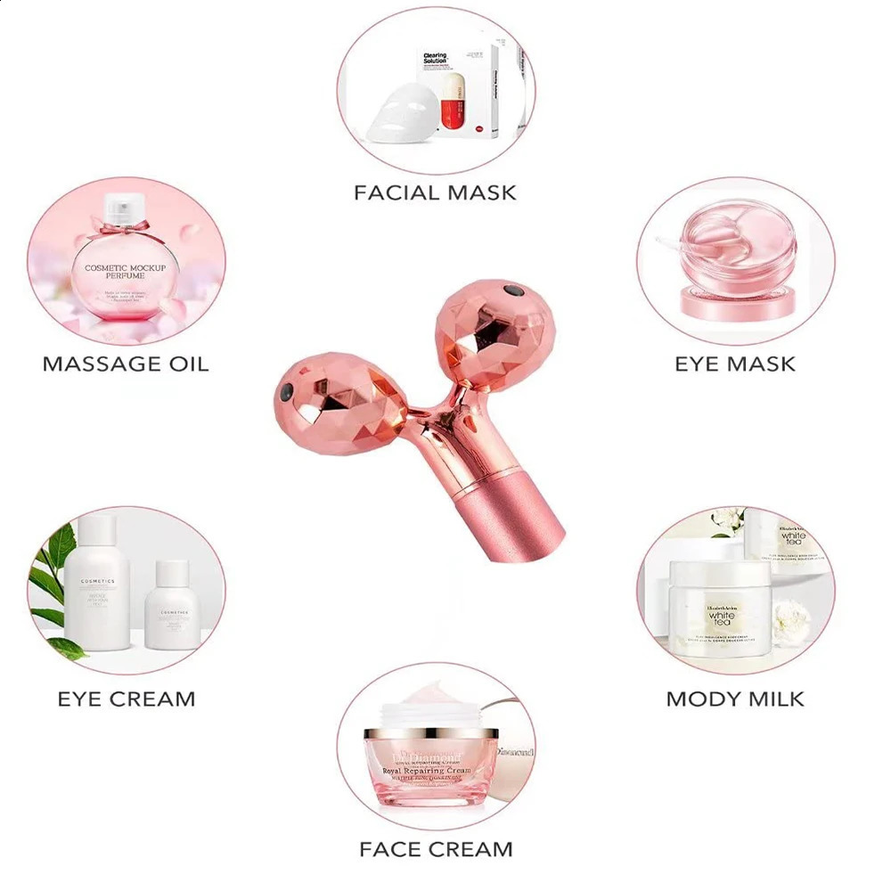 5-in-1 24K Gold Beauty Wand Face Massager Electric Vibrating Rose Quartz 3D Roller Face Body Gua Sha Jade Roller 250523