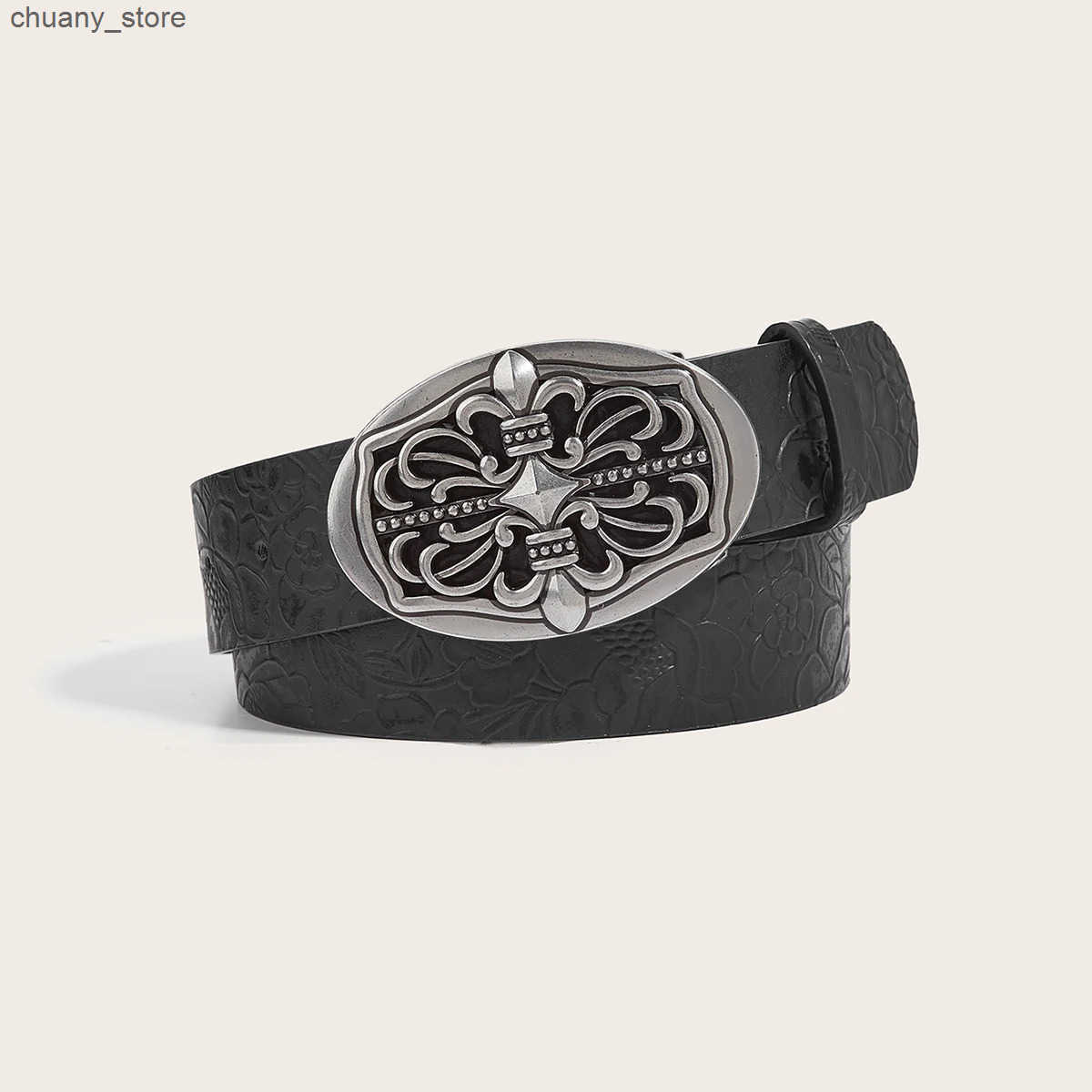 One oval buckle black pattern PU belt for men and women z250602