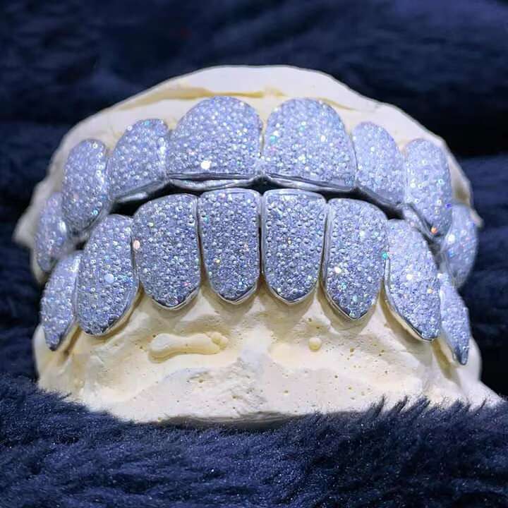 Iced Out Blue Moissanite Grillz Custom for HipHop Men Women - VVS Diamond Teeth Bling Jewelry 925 Sterling Silver Grillz