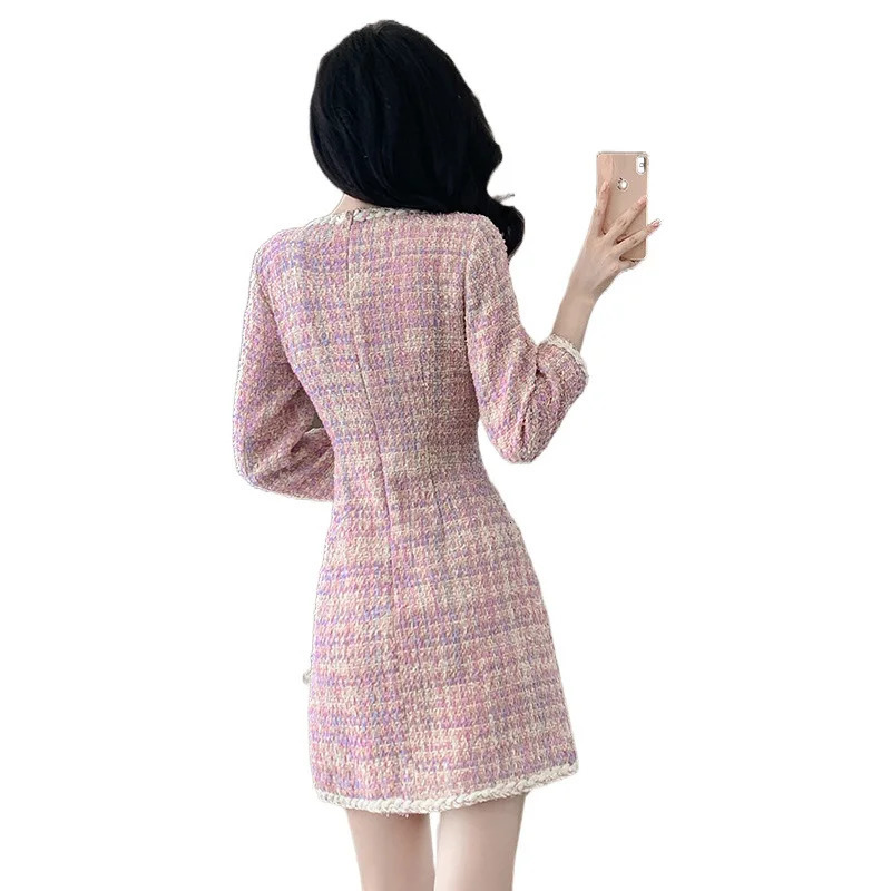 Female Autumn Fashionable Plaid Round Neck Long Sleeve Commuting Tweed Dress 250529