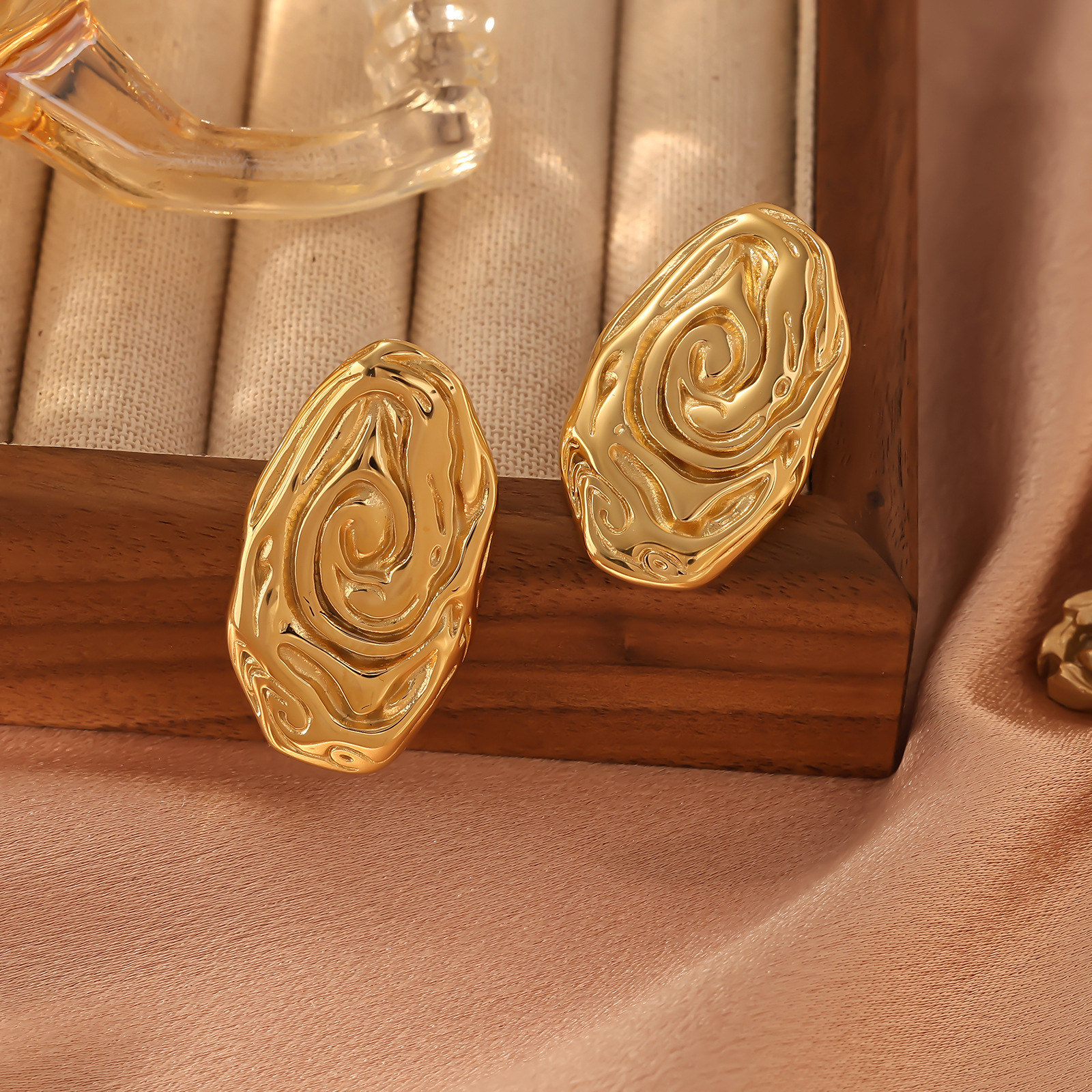 Stainless Gold-Plated Titanium Steel Unique Design Oval Irregular Spiral Pattern Swirl Shaped Earrings Studs Ear Jewelry