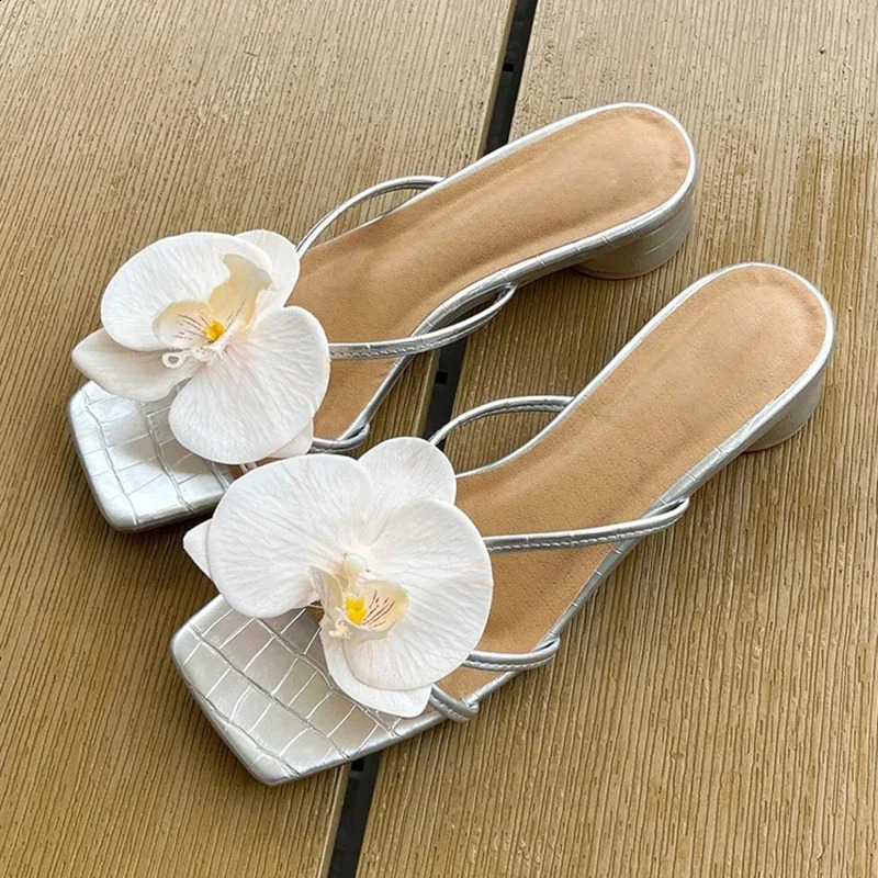 Summer Womens Open Toe Thick Heel Slippers Fashion Flower Beach Vacation Slides Casual Outdoor Dress Shoes 250528