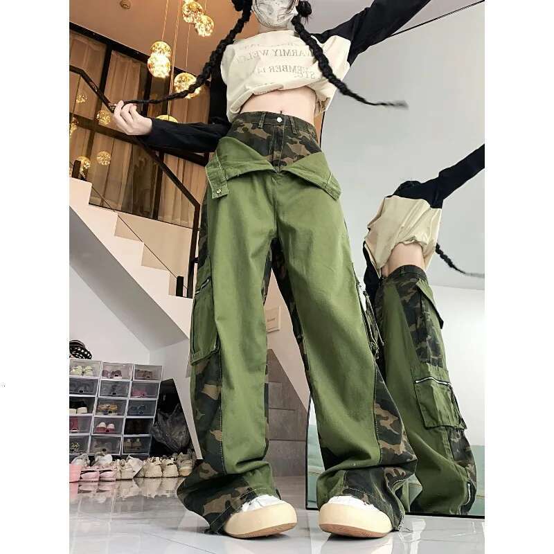 Green Camouflage Fake Two-Piece Spliced Spicy Girl American Retro Work Large Pocket Y2k Street Hip-Hop Straight Leg Pants