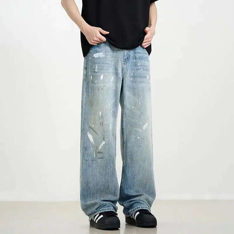 IEFB American Style Men's Denim Pants Splashed Ink Washed Jeans Contrast Color Straight Wide Leg Casual Male Trousers New 9W669