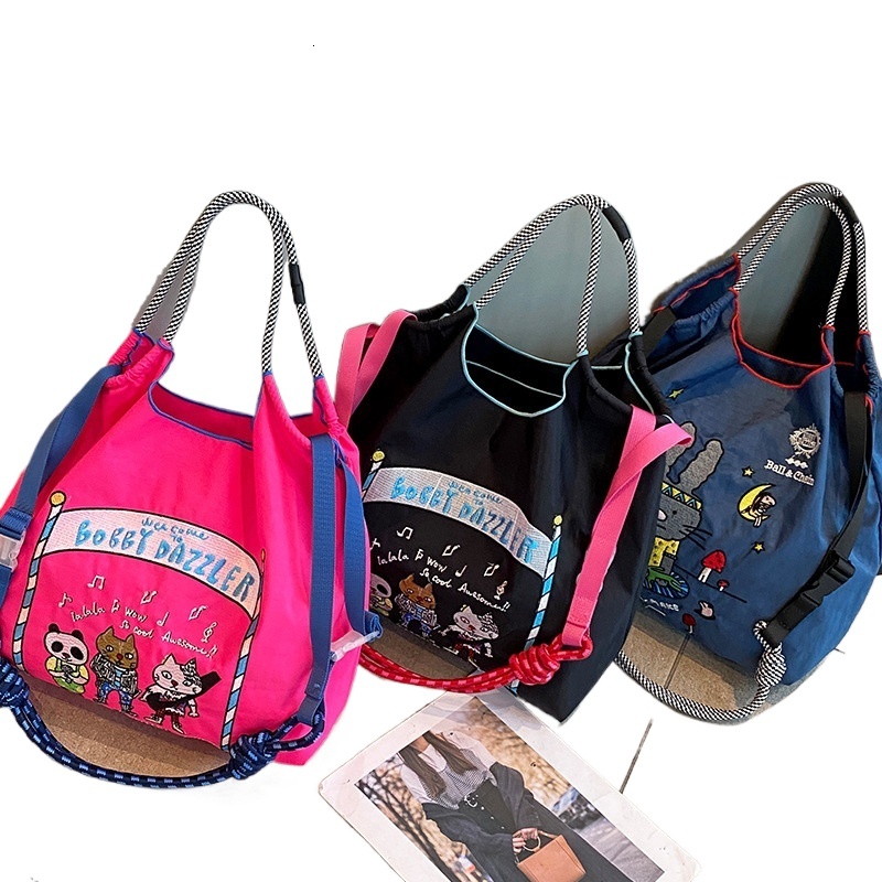 designer Japanese Style Embroidered Eco-friendly Tote Bag Large Ball&chain New Embroidered Cat Band Casual Cartoon Nylon