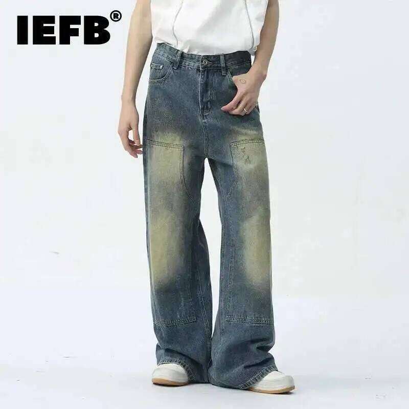 IEFB Make Old Men Jeans Trend Patchwork Pocket Zipper Casual Male Denim Pants New Fashion Wide Leg Trousers Summer 9C5420