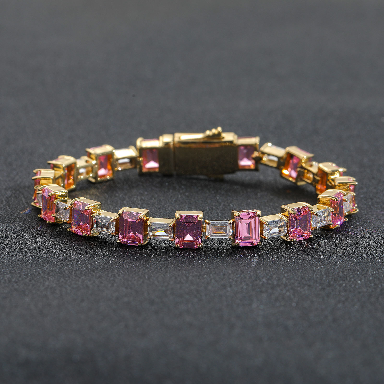 Hip Hop Bracelet Pink Color Block Square Moissanite Simple Tennis Chain Personality Hip Hop Moissanite Unisex Hip Hop Trendy Brand Bracelet moissanite