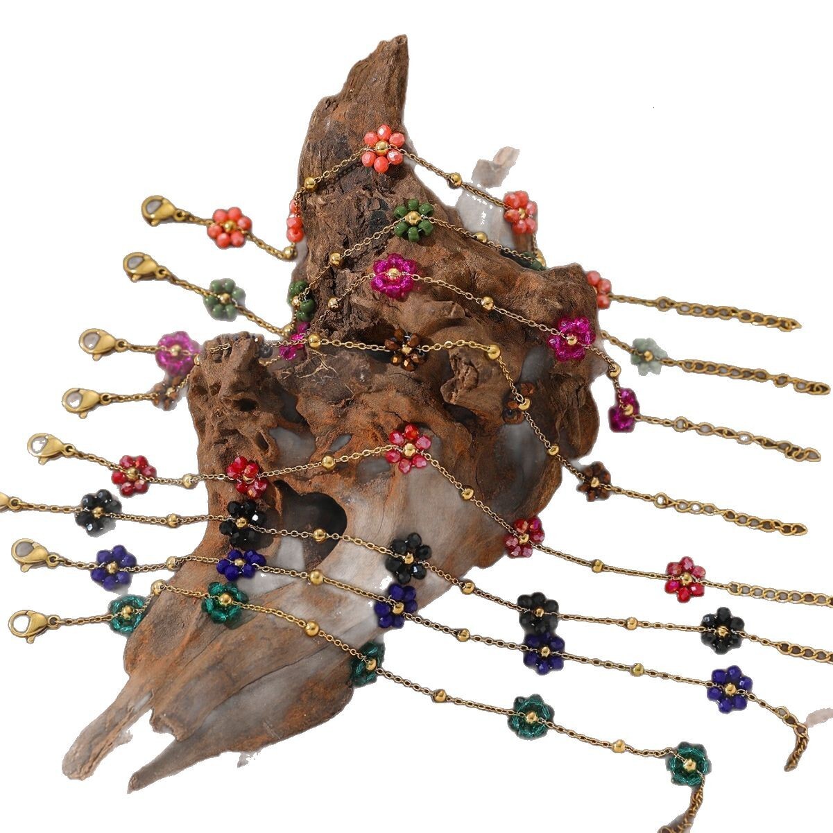 Steel Braided Multicolor Flower Bracelet Handmade Beaded Clavicle Chain Daily Versatile Necklace