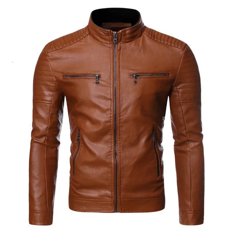 Men's 2025 New Spring And Autumn Thin Style Stand Collar Striped PU Motorcycle Leather Jacket