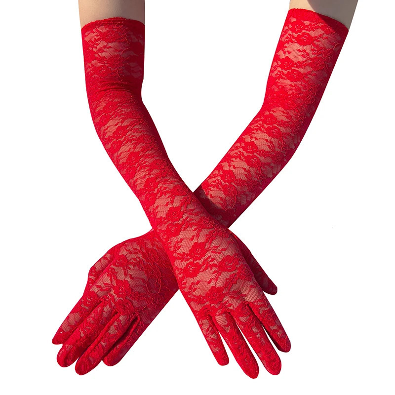 Women See Through Floral Lace Long Gloves Black White Red Sexy Elbow Length Mittens Wedding Party Evening Gloves Accessories 250530
