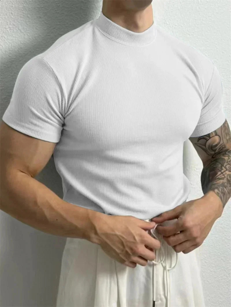 spring summer Elastic Comfortable Mens T-shirt Small high collar stripe shirt short sleeve fitness tops sports casual T-shirt 250530