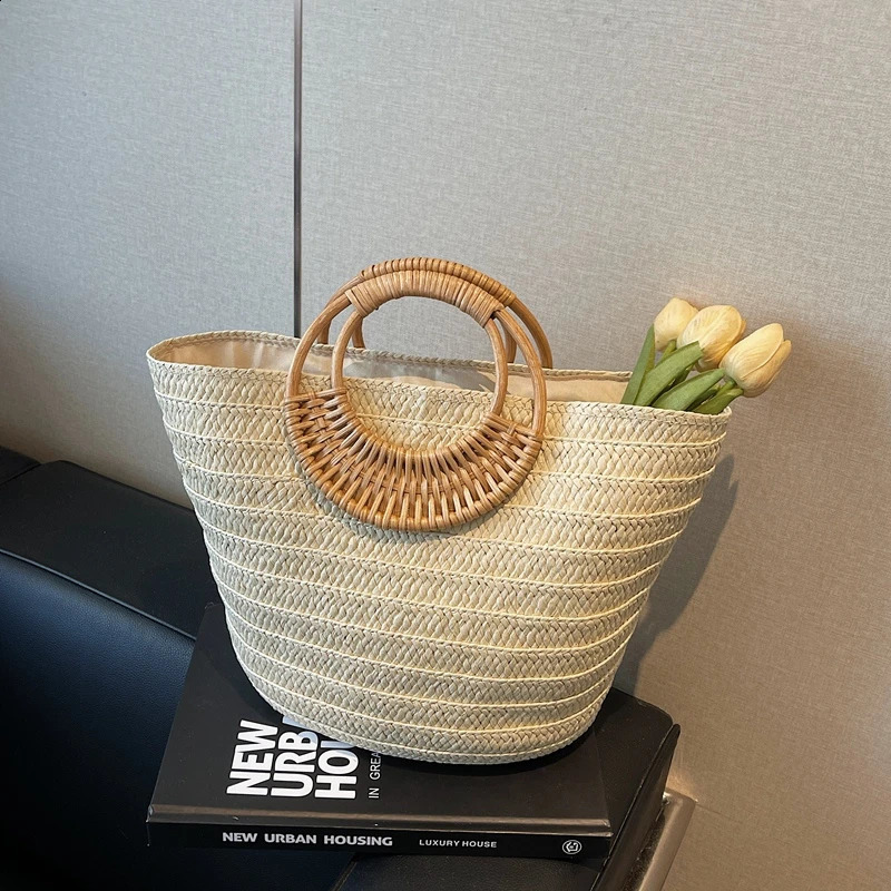 Straw Beach Handbag Handmade Woven Bag Raffia Rattan Tote Women Bohemian Summer Travel Bag Large Capacity Basket Shopping Ba 250530