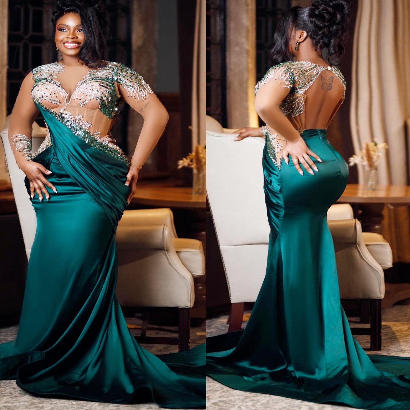 Hunter Green Mermaid Prom Dresses 2025 Beaded Illusion Satin Evening Formal Party Second Birthday Engagement Gowns Plus Size Dress For Special Occasio