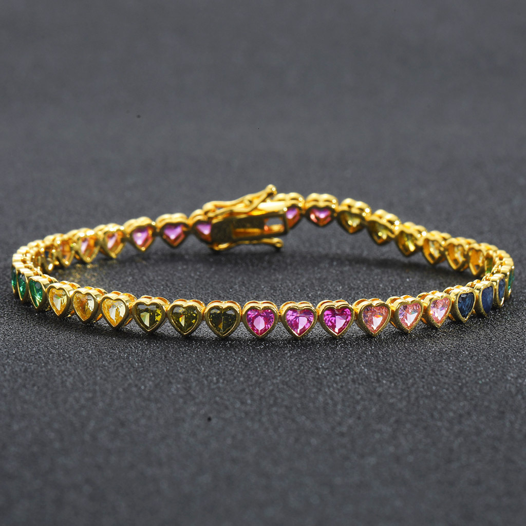 Mesa New Hip Hop Colorful Love Tennis Chain Rainbow Moissanite Personalized Trendy Hip Hop Bracelet Heart shaped moissanite