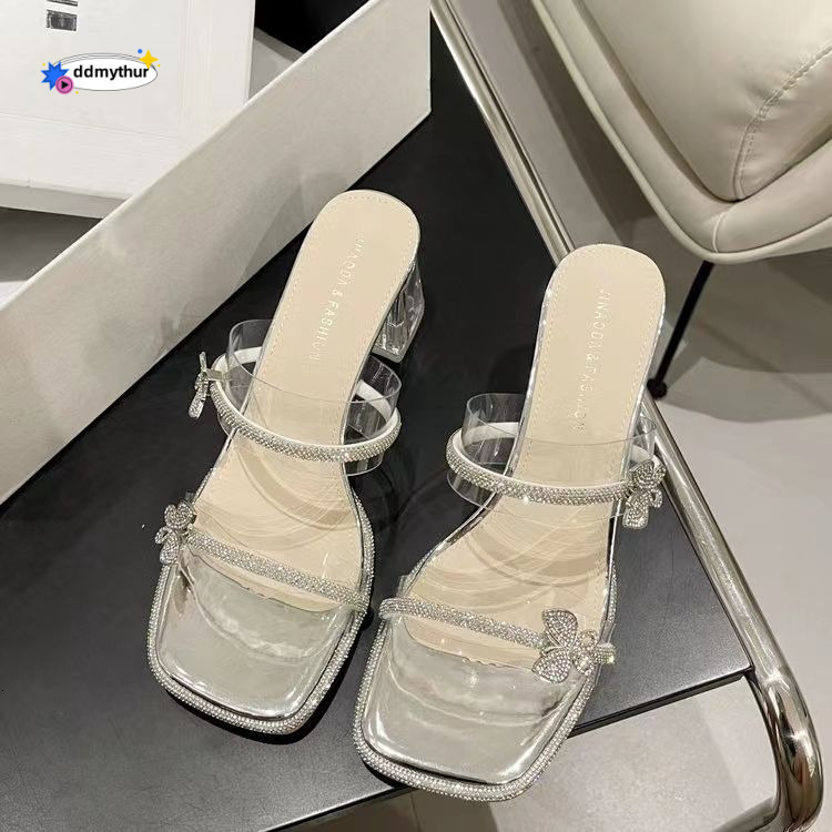 Transparent Crystal Sandals Fairy 2025 Summer New Heels French Style Rhinestone Dress Slippers High Appearance ddmythur