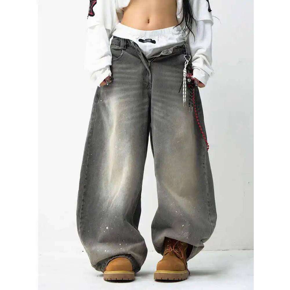 Grey Women's Jeans Baggy Fashion Vintage Streetwear Y2k Wide Leg Straight Jean High Waist Trouser Classic Oversized Denim Pants