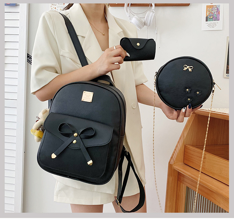 Free Shipping Women's Bag New Bowknot Mother-daughter Bag Korean Outdoors Version PU Backpack Women's Three-piece Set Designer Bag Multi-pur