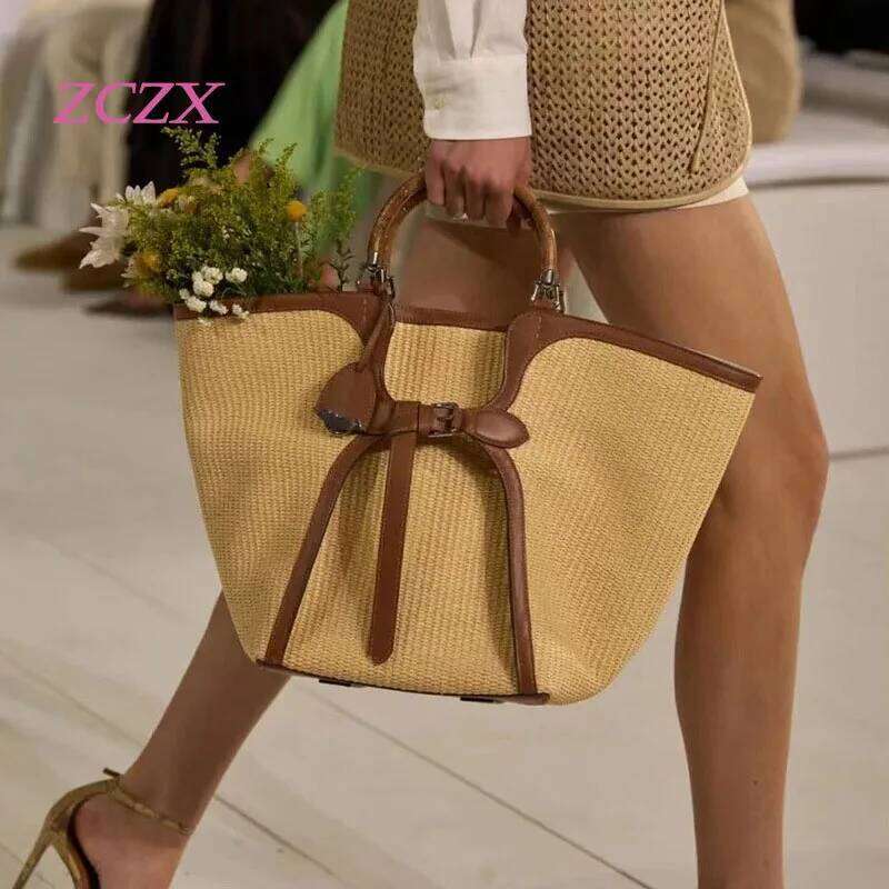 Spring/Summer New Canvas Grass Woven Bamboo Handle Vegetable Basket Women's Butterfly Knot Handbag Beach Bag
