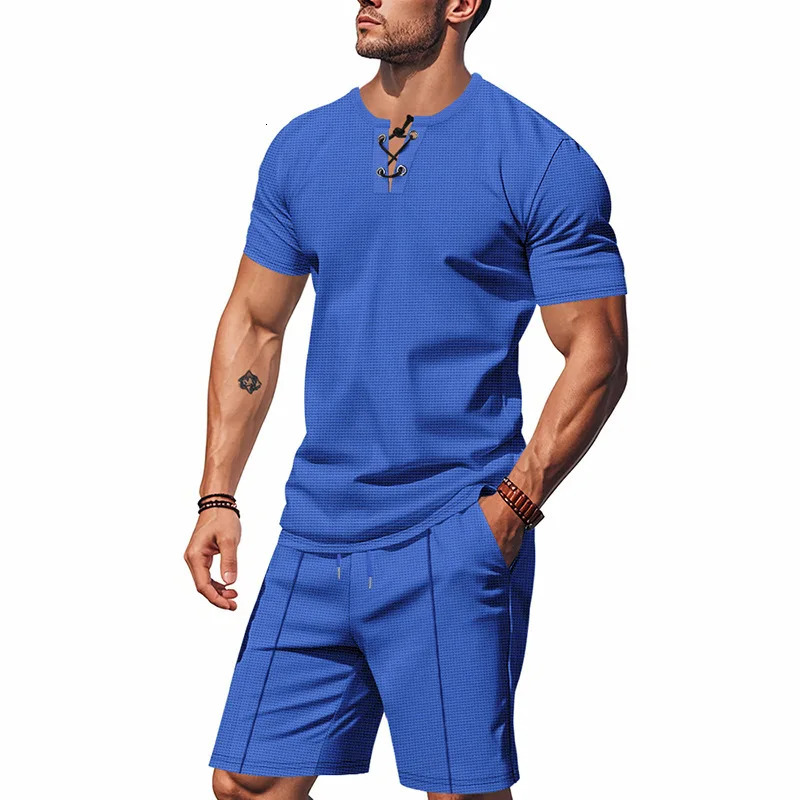 2025 Summer Simplicity Mens Suit Loose Walf Checks Fabric Breathable Comfort and Casual Short Sleeve Shorts TwoPiece 250530