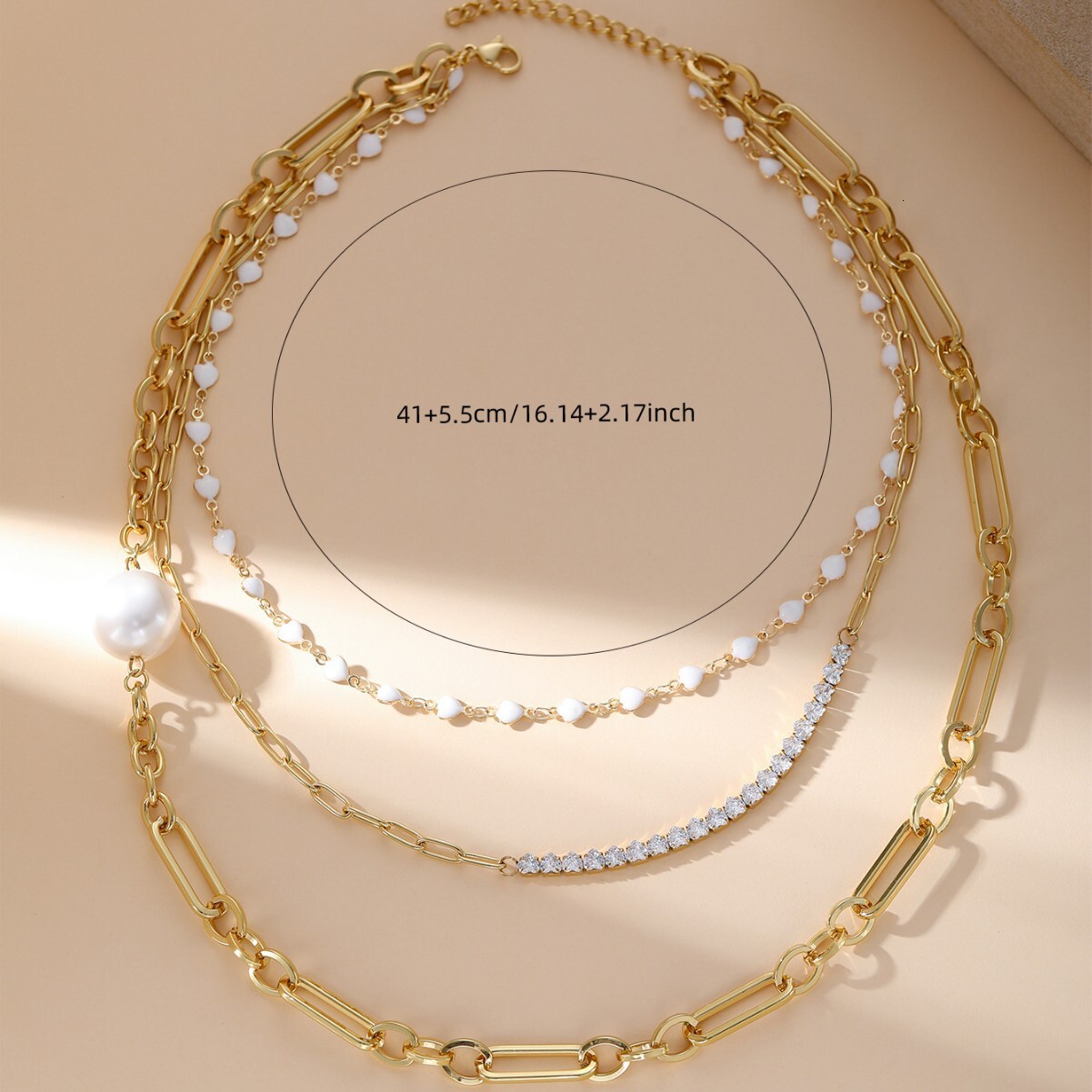 Style Fashionable Elegant Double Layer Oval Interlocking Titanium Steel Necklace for Women Simple Imitation Pearl Single