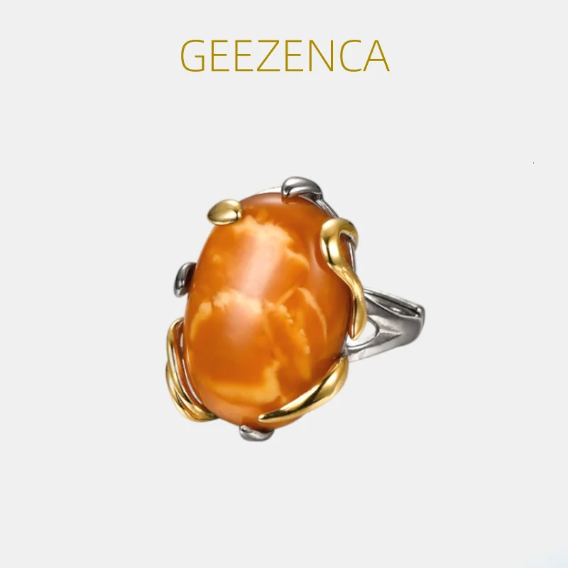 GEEZENCA Natural Amber 925 Sterling Silver Leaf Womens Ring Simple Oval Gemstone Adjustable Ring Female Gift 250526