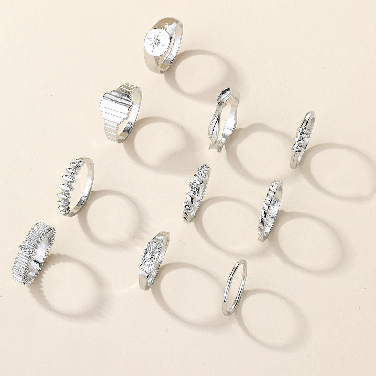 New European and American Style ten piece Set of Octagram shaped Diamond inlaid Knuckle Rings for Women